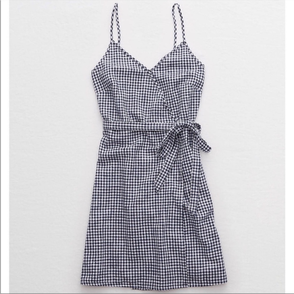 Aerie Wrap Tie Front Gingham Navy Dress Sz Medium NWT
